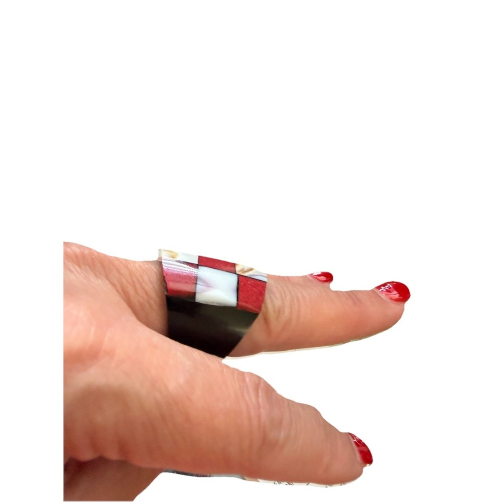 Horn Artisan Mosaic Statement L 8.5 Ring Red White Blk Inlay Geometric Cocktail - Picture 8 of 12